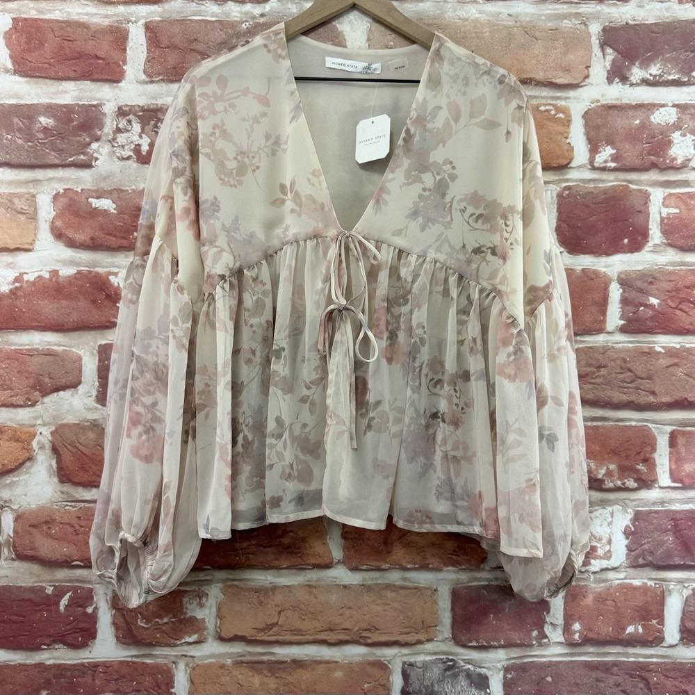 Altard State Top Women's Large Cream Cottage Chic Floral Peasant Sleeve Shirt - Picture 7 of 9